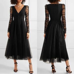 Zimmermann Charm Midi Black Dress Pleated Polka Dot Flocked Tulle Size S/M